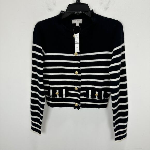 J.Crew Cashmere Fringe Trim Sweater Lady Jacket Striped Preppy Retro Small NWT - Picture 3 of 10